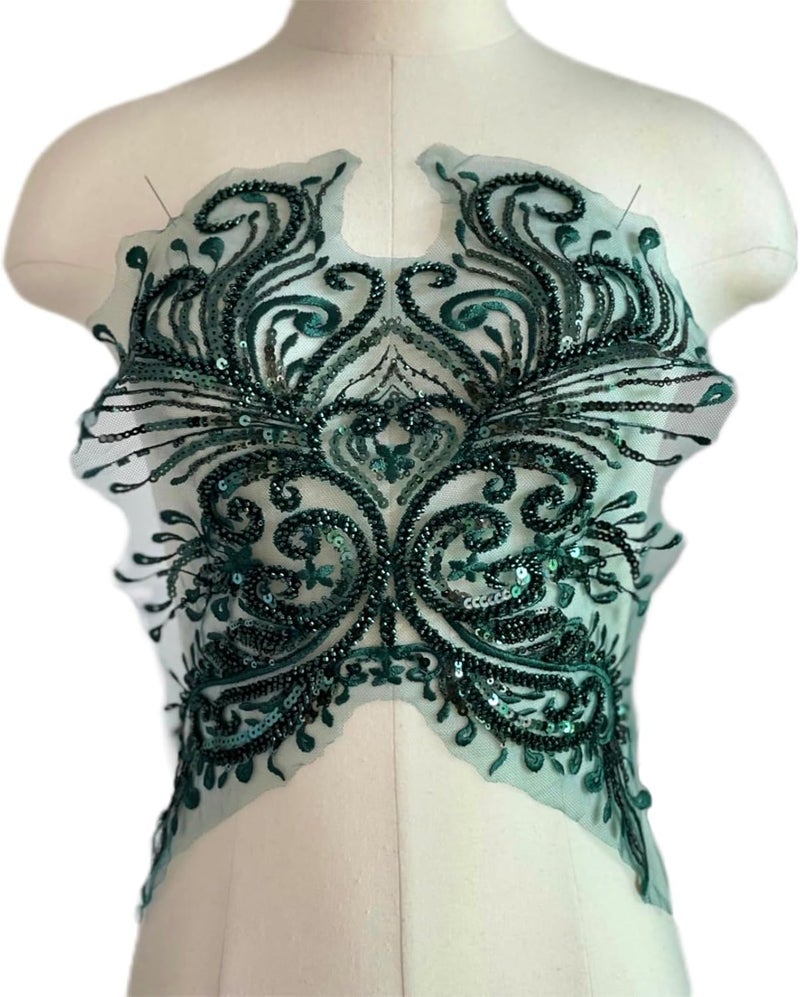 JRYYR Green Sequin Applique, Flower Appliques, DIY Accessories Applique Patch, Beaded Applique for Dresses, Dancewear, Evening Gowns, Apparel and More(Dark Green) - Image 1